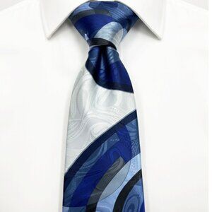 Pierre Balmain Silk Tie Blue Silver Abstract Geometric Swirl Paris Luxury Retro